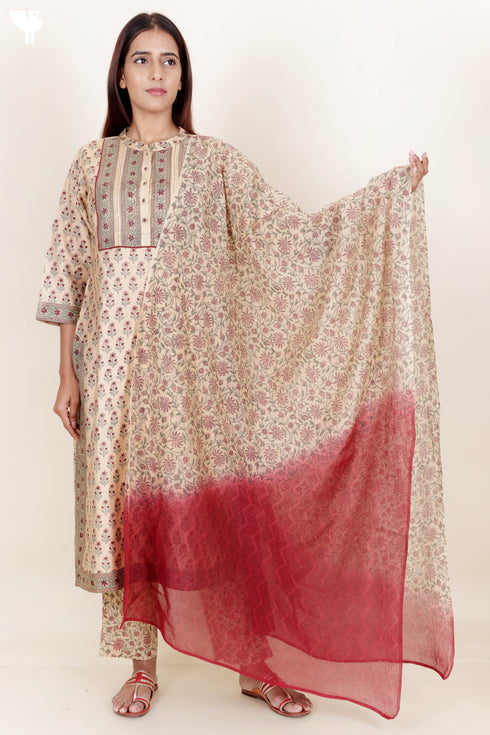 Khaadi Cotton Kurta Dupatta And Pant Set With Block Print